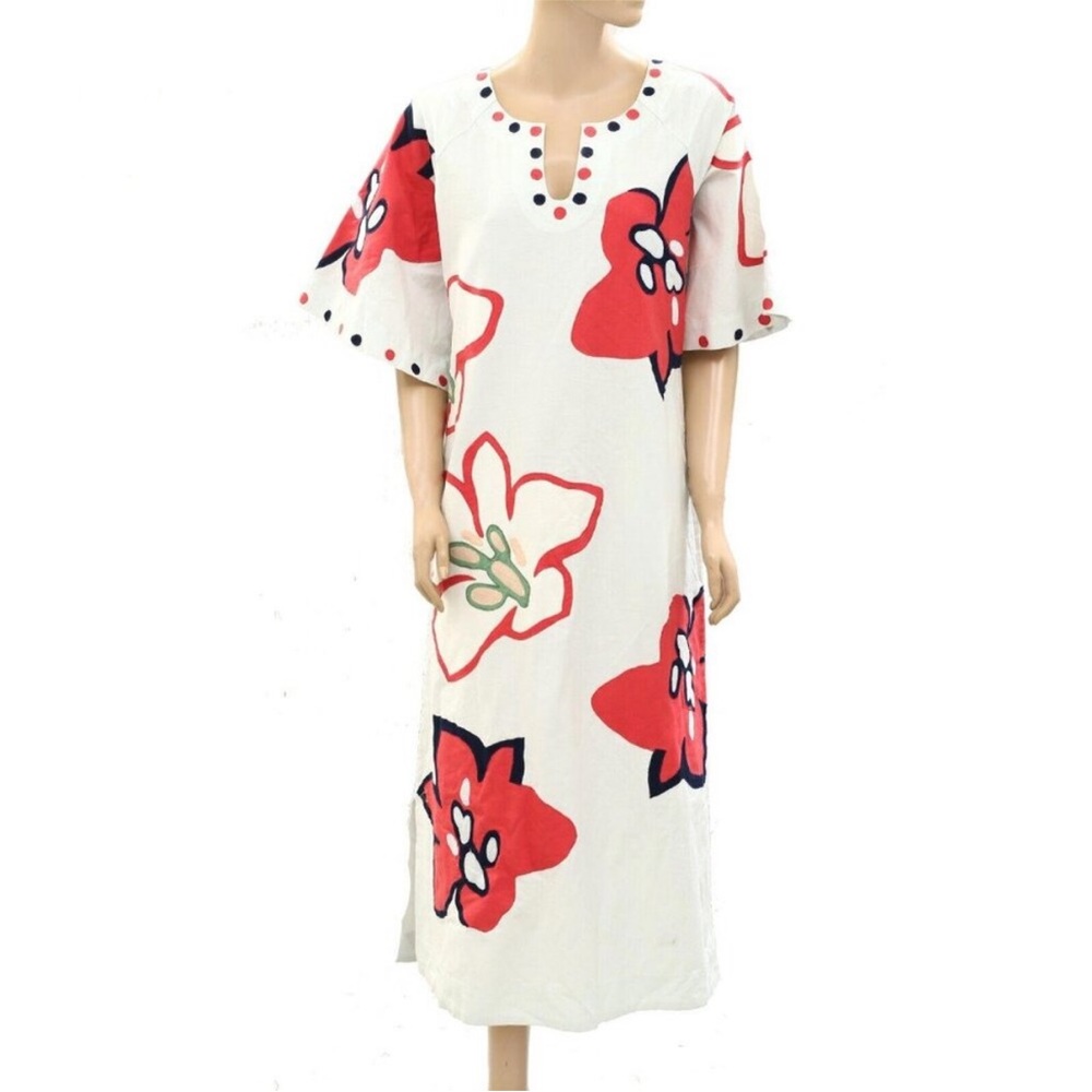 Frances Valentine White Maxi Dress with Red and Black Floral Design